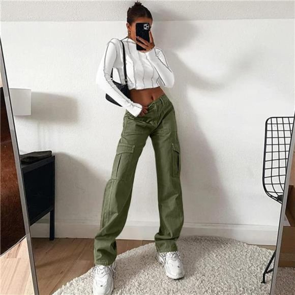 Women's Cargo Pants High Waisted Casual Baggy Stretchy Wide Leg with 6 Pockets - Picture 5 of 6